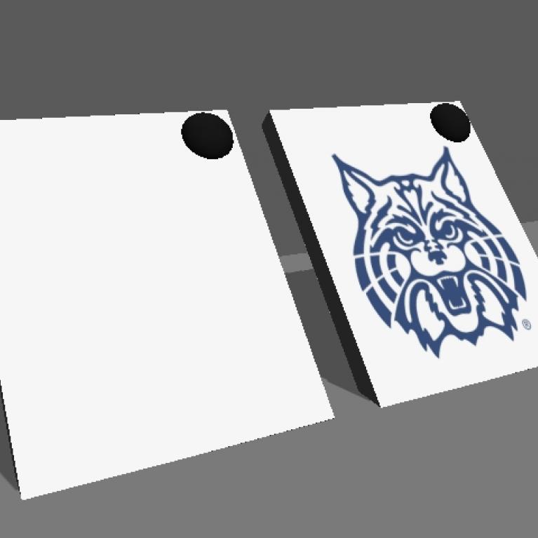 Two white display boards one with Wilbur Wildcat logo