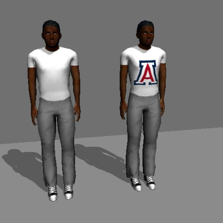 Two virtual characters wearing white T-shirts, one with UA "A" logo